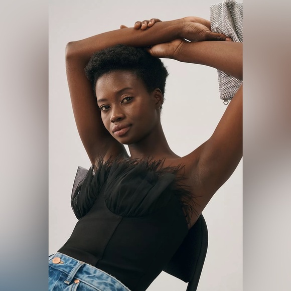 Eva Franco Strapless Tulle Corset Top Feathers Black NWT - Picture 2 of 16